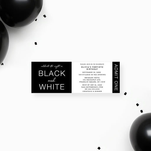 Personalized black and white birthday ticket invitation featuring a modern minimalist design, ideal for milestone celebrations.