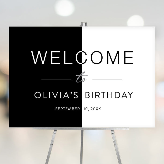 Personalized black and white welcome sign for milestone birthday party