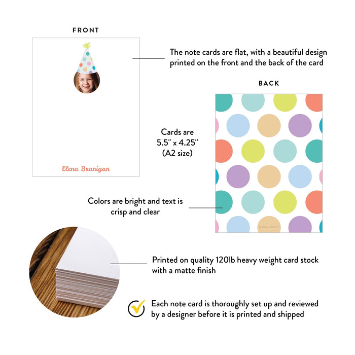 Specifications graphic showing the front and back of personalized birthday photo thank you cards with party hat, A2 size 5.5 × 4.25 inches and matte cardstock.