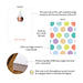 Specifications graphic showing the front and back of personalized birthday photo thank you cards with party hat, A2 size 5.5 × 4.25 inches and matte cardstock.
