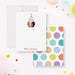 Front and back of personalized note cards with a child's portrait in a party hat and a personalized name and a colorful polka dot patterned back.