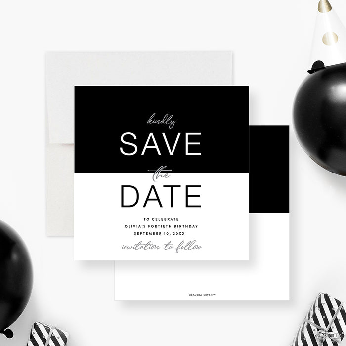 Personalized black and white birthday save the date card with modern minimalist typography-front-back