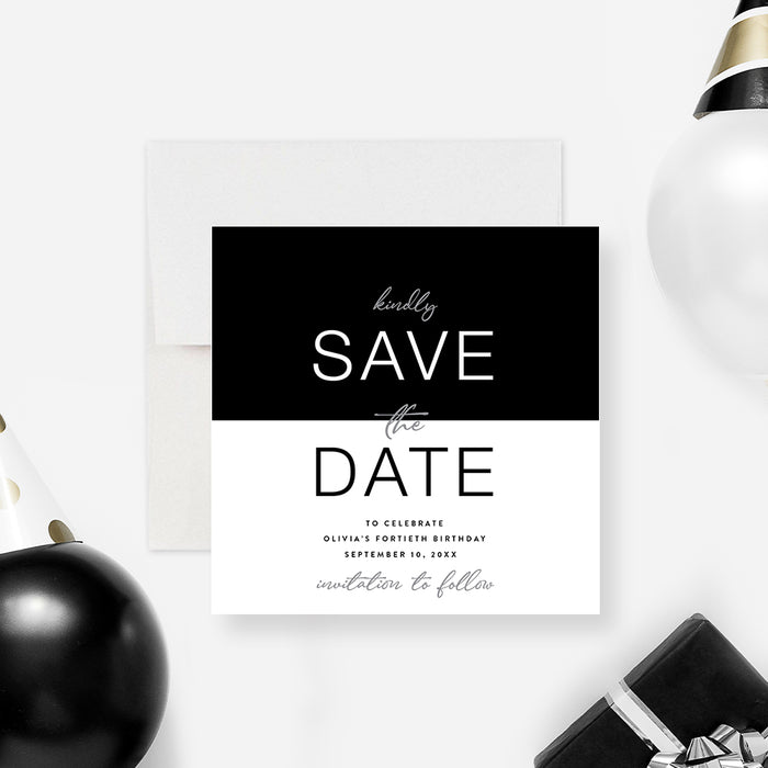 Personalized black and white birthday save the date card with modern minimalist typography-front