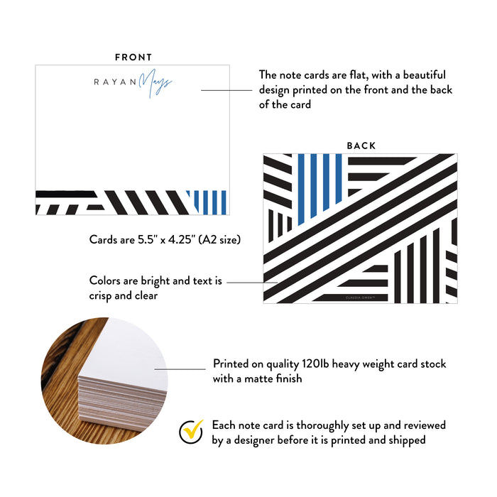 Front and back of personalized black and blue geometric note cards with A2 size and matte cardstock details.