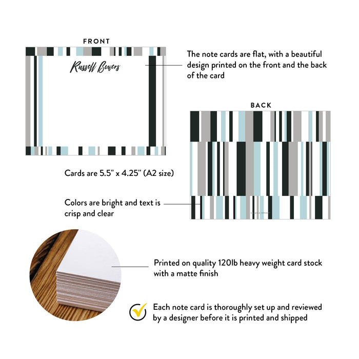 Front and back of personalized black and blue striped note cards showing A2 dimensions and matte cardstock details.