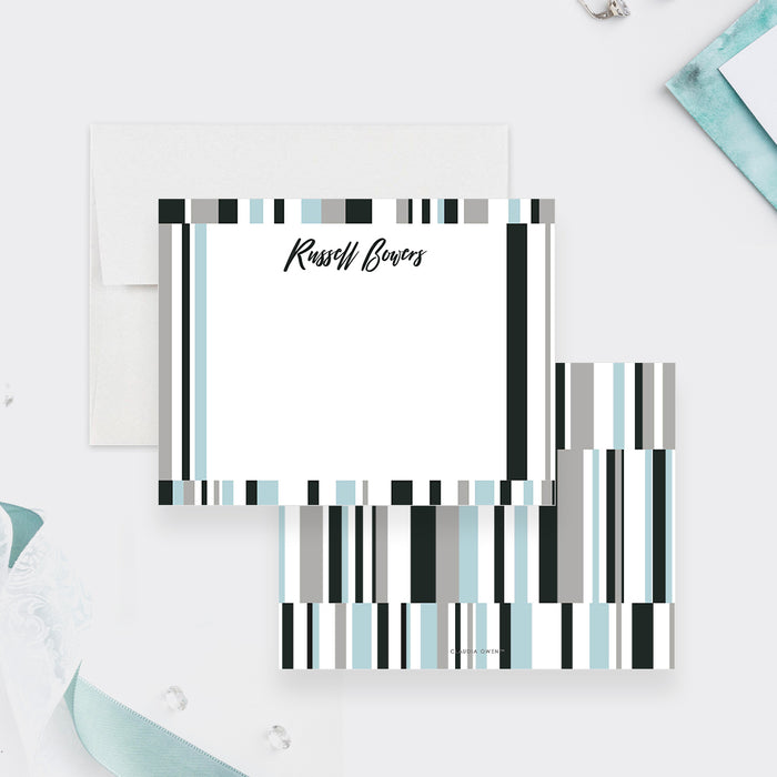 Personalized note cards with black, blue gray and white stripes around the white writing front and a matching vertical stripe reverse.