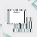 Personalized note cards with black, blue gray and white stripes around the white writing front and a matching vertical stripe reverse.