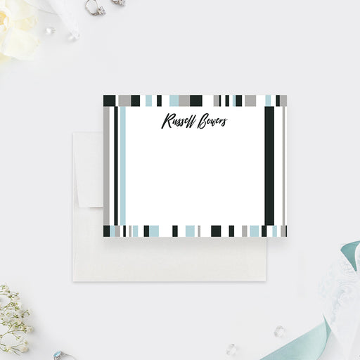 Personalized note cards with black, blue gray and white stripes around the white writing front and a matching vertical stripe reverse.