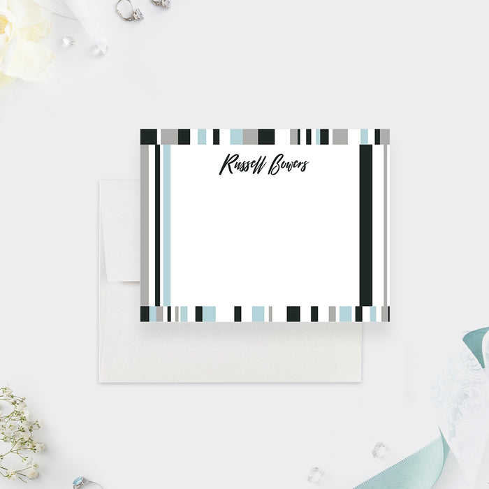 Personalized note cards with black, blue gray and white stripes around the white writing front and a matching vertical stripe reverse.