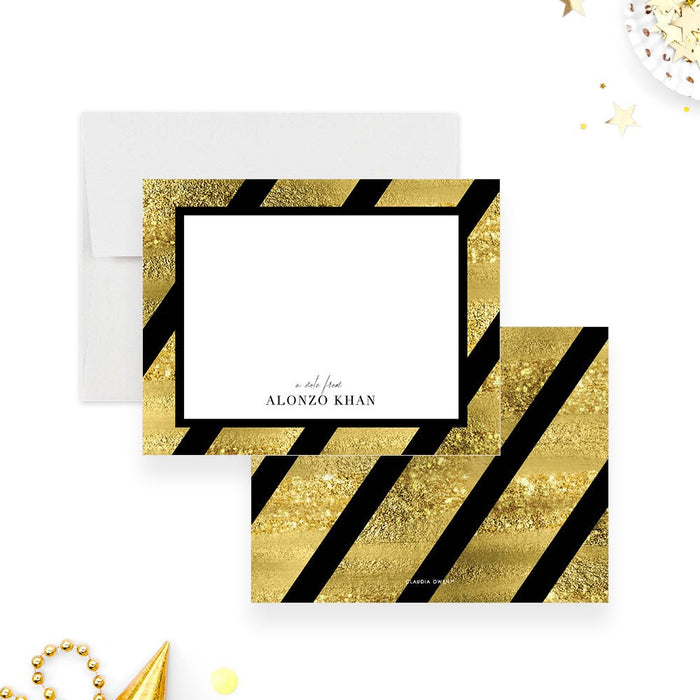 Personalized Black and Gold Diagonal Stripe Note Cards. Front and black and printed gold diagonal striped back shown with a white envelope.