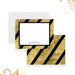 Personalized Black and Gold Diagonal Stripe Note Cards. Front and black and printed gold diagonal striped back shown with a white envelope.