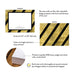 Product details graphic for personalized black and gold diagonal stripe note cards, showing front and back designs, A2 size, and matte cardstock.
