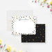 Personalized Black and Gold Leaf Note Cards. Front and matching black back with small printed gold leaf illustrations displayed with a white envelope.