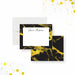 Personalized Black and Gold Marble Note Cards. Front and matching black and printed gold marble back displayed with a white envelope.