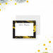 Personalized note card with a white front framed by a black and printed gold marble border with a personalized name. Shown with a white envelope.