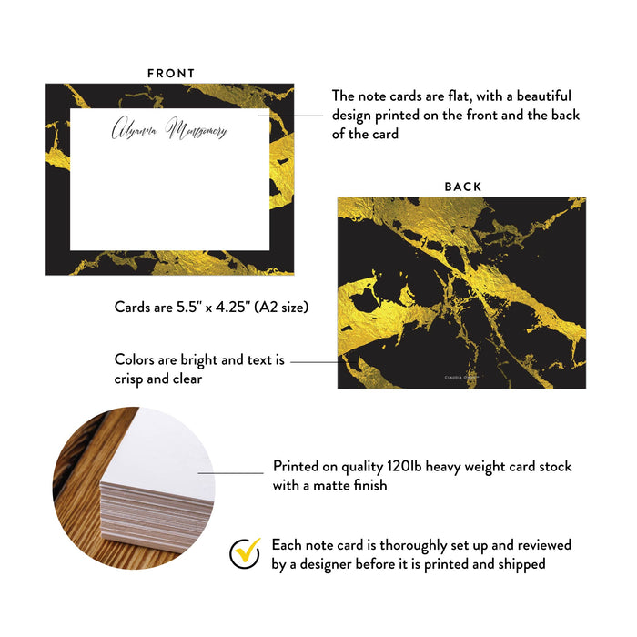 Product details for personalized black and gold marble note cards: front and back designs, A2 size, matte cardstock, and design proof.