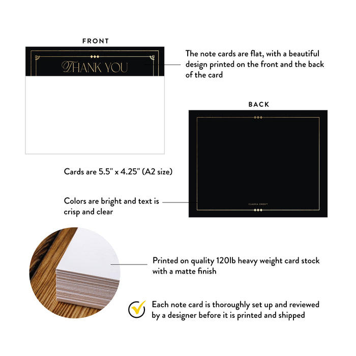 Front and back of personalized black and gold thank you note cards showing A2 dimensions and matte cardstock details.