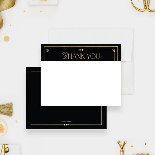 White thank you note card with a black header and gold-colored border, beside a black back framed with a fine gold-colored line.