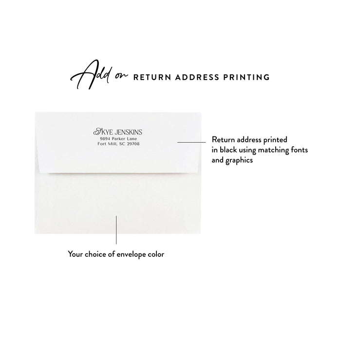 Optional return address printing example on a white envelope for personalized black and gold thank you note cards.