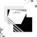 Personalized Black and Gray Business Note Cards. Front and black back with diagonal printed silver stripes shown with a white envelope.