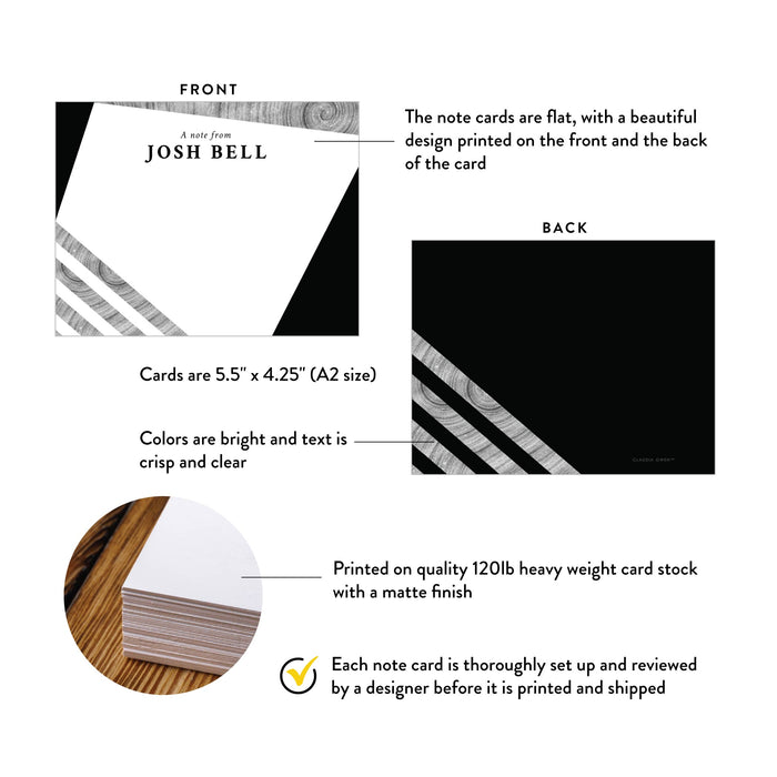 Product details graphic for personalized black and gray business note cards, showing front and back designs, A2 size, and matte cardstock.