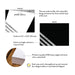 Product details graphic for personalized black and gray business note cards, showing front and back designs, A2 size, and matte cardstock.