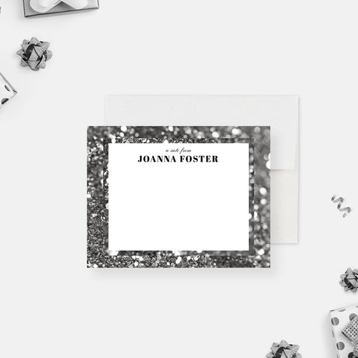 Personalized black-and-white bokeh note card with a white writing area and elegant black name lettering-front