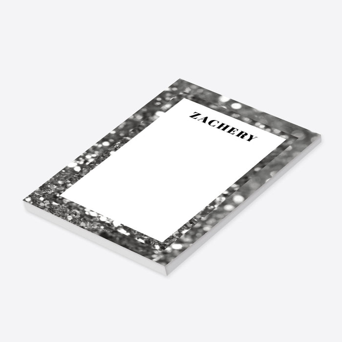 Personalized notepad with black and white bokeh design and custom name-side
