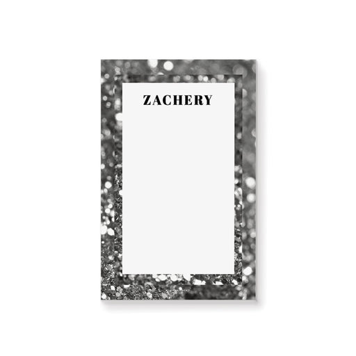 Personalized notepad with black and white bokeh design and custom name