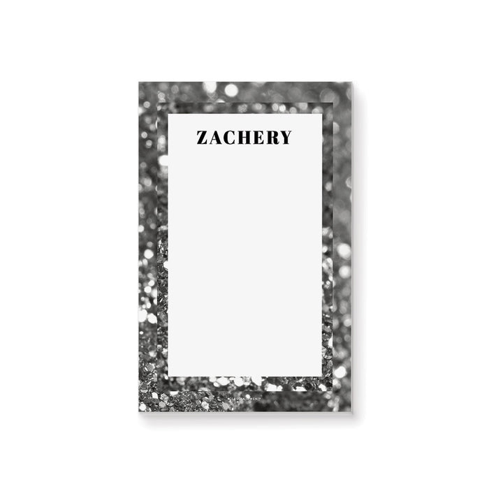 Personalized notepad with black and white bokeh design and custom name