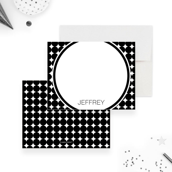 Black and white geometric note card with a large circular white writing area and a personalized name below.