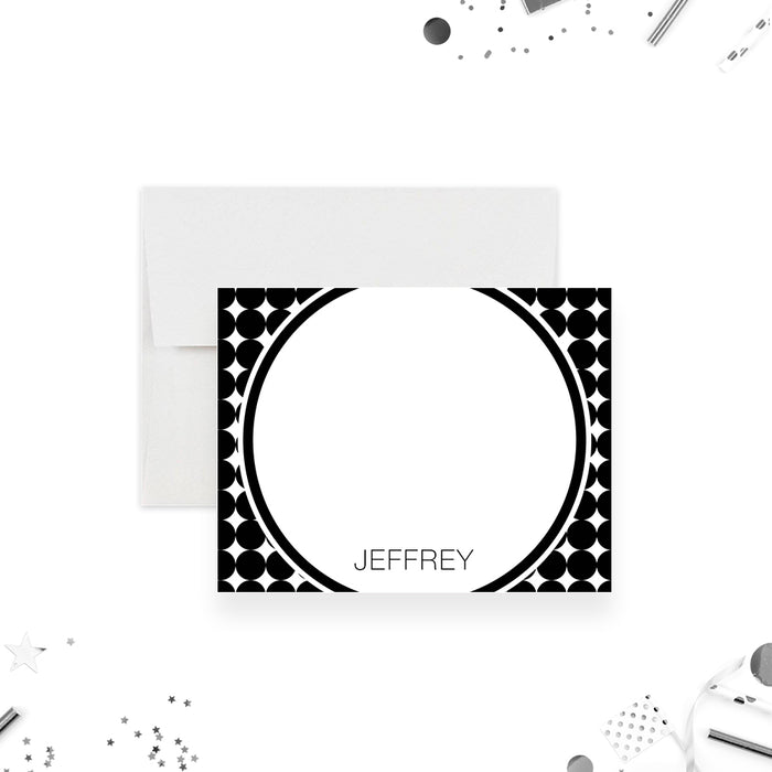 Black and white geometric note card with a large circular white writing area and a personalized name below.
