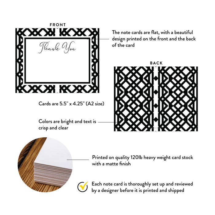 Front and back of personalized black and white geometric note cards showing A2 dimensions and matte cardstock details.