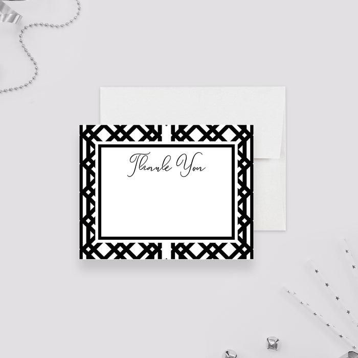 White personalized note card framed with a bold black geometric pattern, beside a matching black and white patterned back.