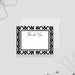 White personalized note card framed with a bold black geometric pattern, beside a matching black and white patterned back.