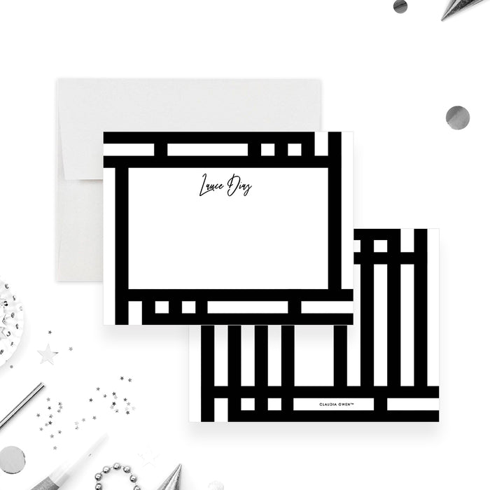 Personalized Black and White Geometric Note Cards. Front and matching bold black and white geometric stripes on the back displayed with a white envelope.