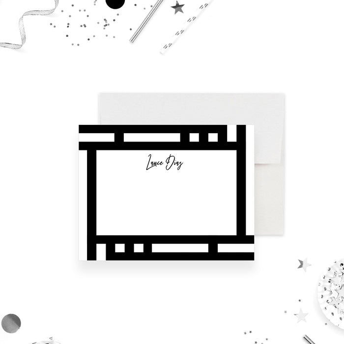 Personalized note card with a white front with a black geometric frame and personalized script name. Shown with a white envelope.