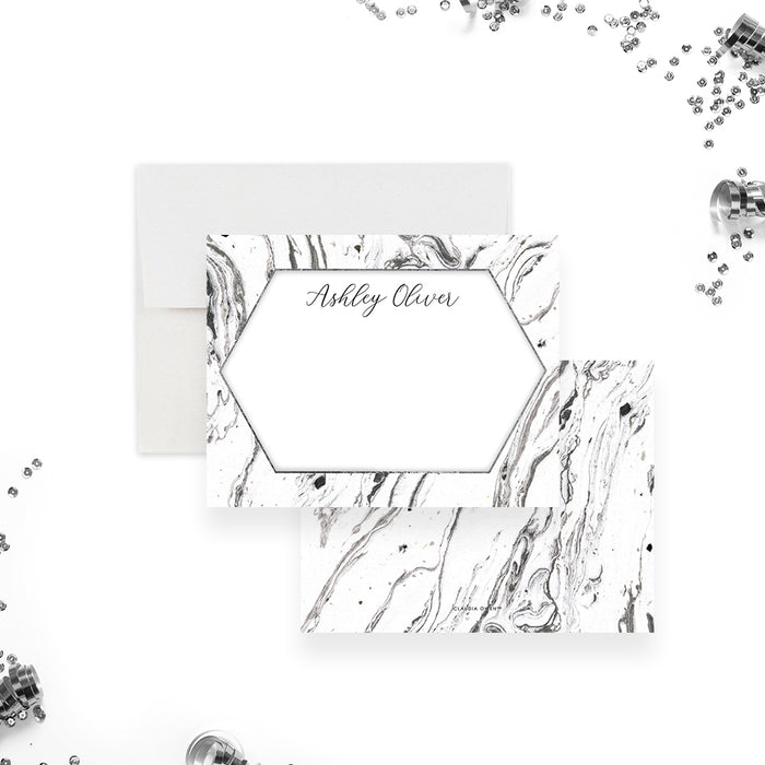 Personalized Black and White Marble Note Cards. Front and matching black and white marble back shown with a white envelope.