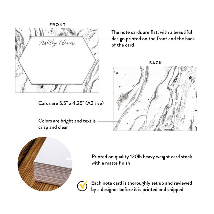 Product details graphic for personalized black and white marble note cards, showing front and back designs, A2 size, and matte cardstock.