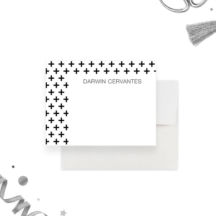 Personalized white note card with a pattern of small black plus signs along the top and left edge.