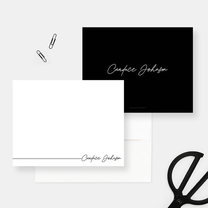 Personalized black and white note cards with a script name on the white writing front and black reverse.