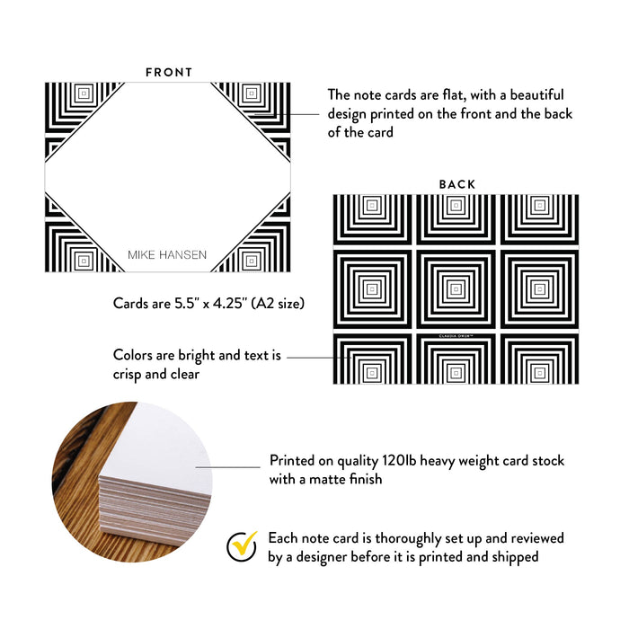 Front and back of personalized black and white square pattern note cards showing A2 dimensions and matte cardstock details.