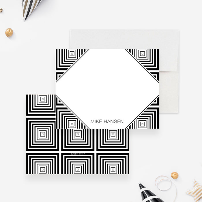 Personalized black and white note cards with a square line pattern around a white diamond shaped writing panel and on the reverse.