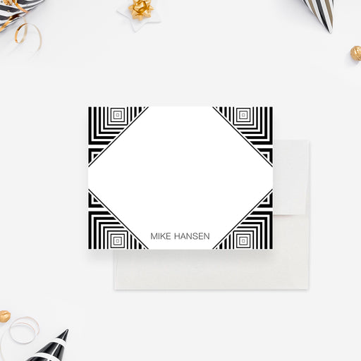 Personalized black and white note cards with a square line pattern around a white diamond shaped writing panel and on the reverse.