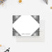 Personalized black and white note cards with a square line pattern around a white diamond shaped writing panel and on the reverse.