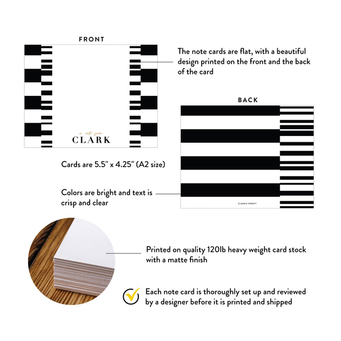 Product details for personalized black and white striped note cards: front and back designs, A2 size, matte cardstock, and design proof.
