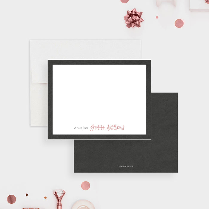 Personalized Black Border Note Cards with Pink Script. Front and matching black chalkboard-style back displayed with a white envelope.