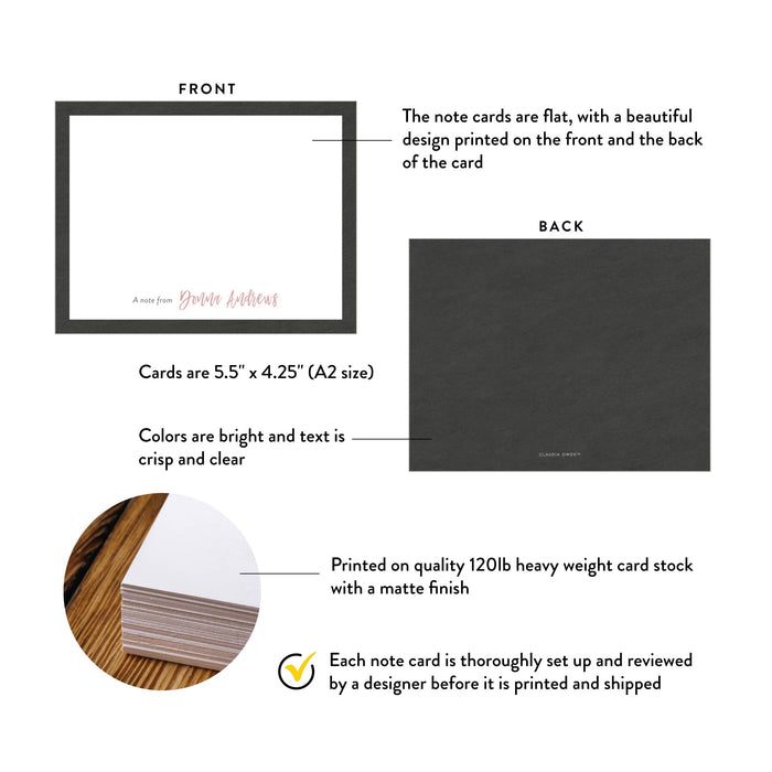 Product details for personalized black border note cards with pink script: front and back designs, A2 size, matte cardstock, and design proof.
