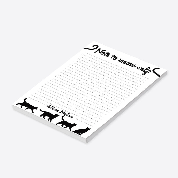 Personalized lined black cat notepad with Note to Meow-Self heading, custom name and four black cat silhouettes along the bottom-side
