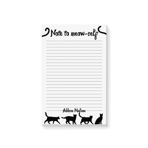 Personalized lined black cat notepad with Note to Meow-Self heading, custom name and four black cat silhouettes along the bottom